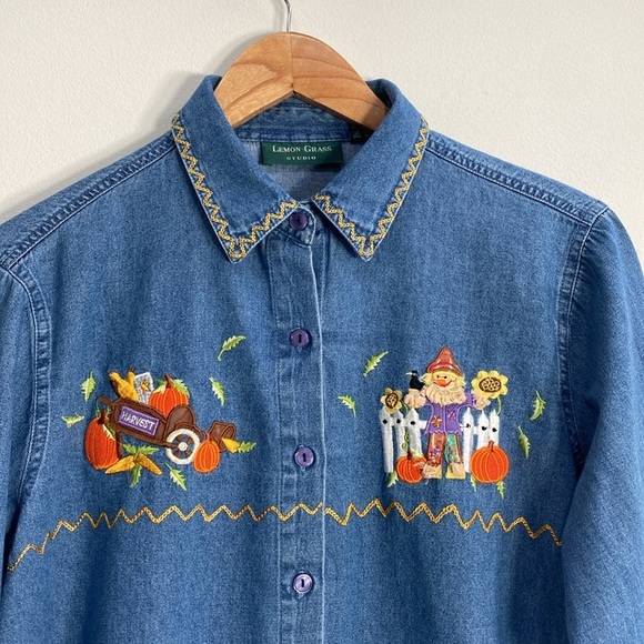 Vintage Lemon Grass Shirt Fall Scarecrow Pumpkins M/L - Picture 6 of 12